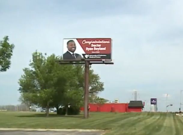 Proud parents rent billboard in Nebraska to celebrate their son. 