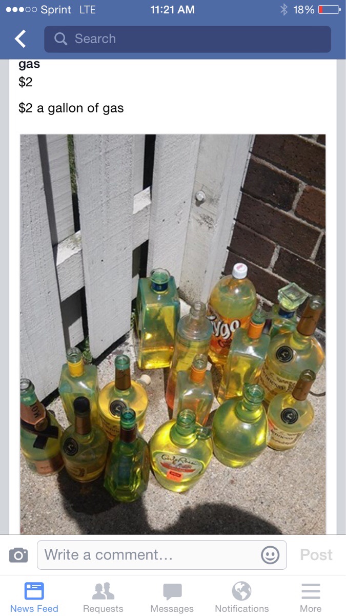 Facebook marketplace ad for gas sold in glass liquor jugs for $2/gallon