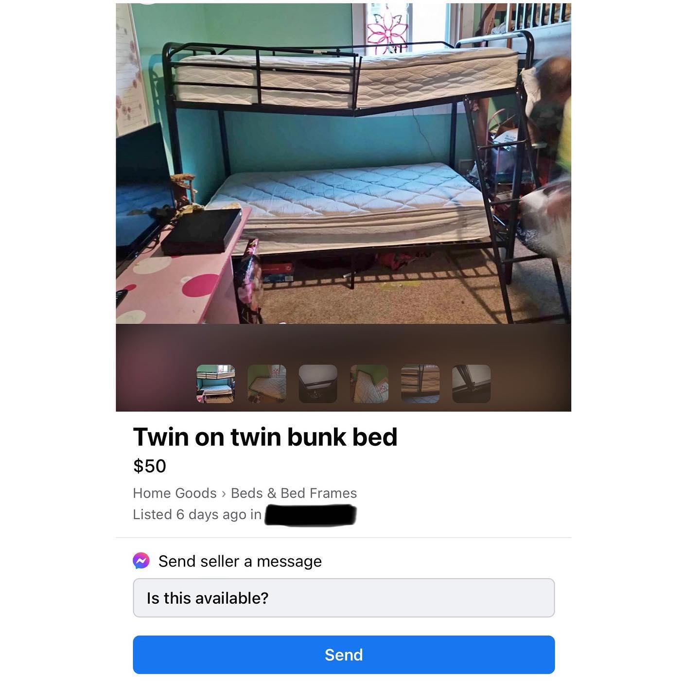 busted bunkbed being sold on Facebook marketplace