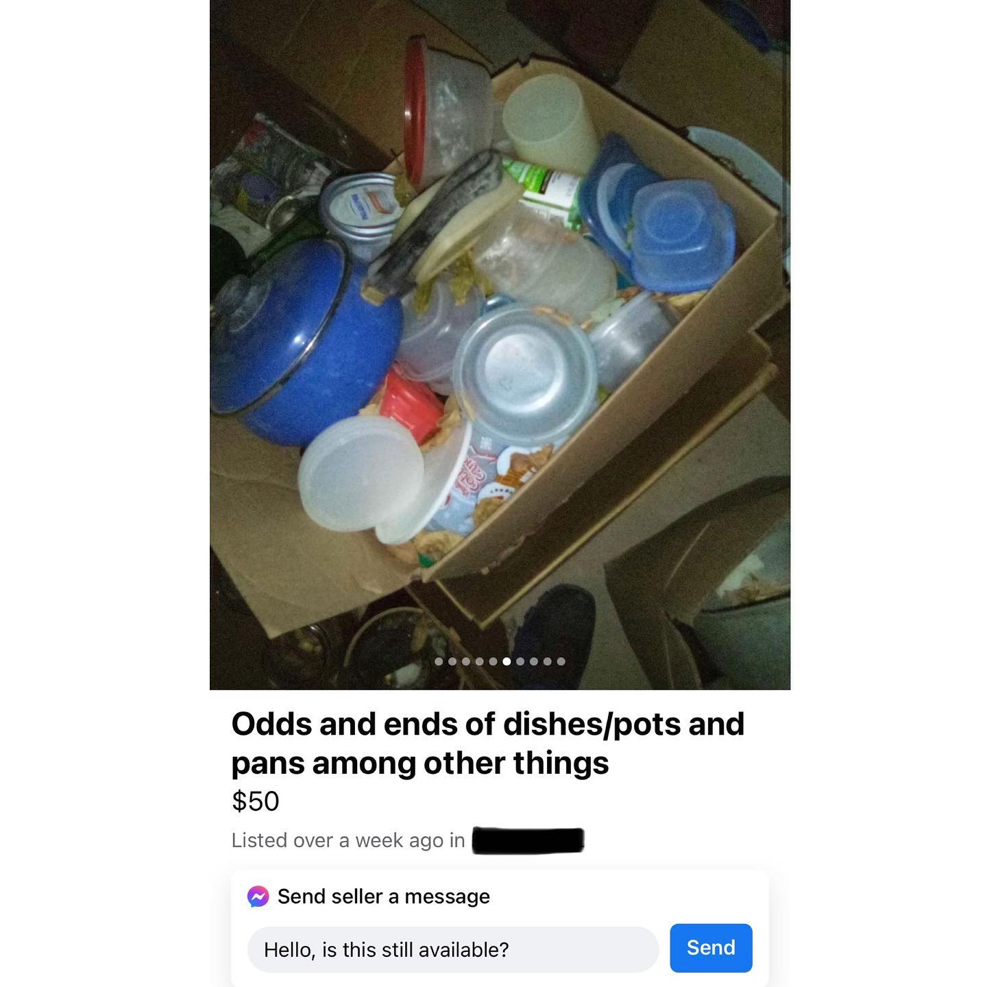 pile of dirty tupperware and pots being sold on Facebook marketplace