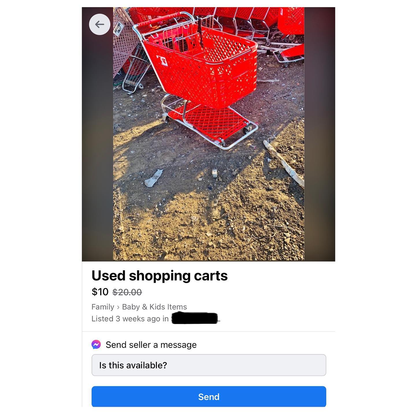 Red shopping cart pictured in ad for someone selling used (possibly stolen) shopping carts