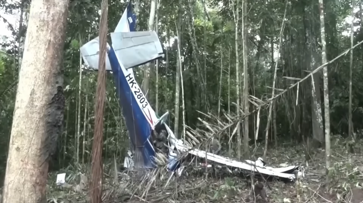 View of the crashed plane the four children survived. The nose of the plane is on the ground and is almost entirely vertical. A man in a military uniform searches the plane.