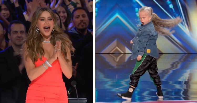 A two-photo collage. The first is of Sofia Vergara on AGT. She's standing up, clapping, and has her mouth open from shock. The second photo is of a little girl mid-dance.