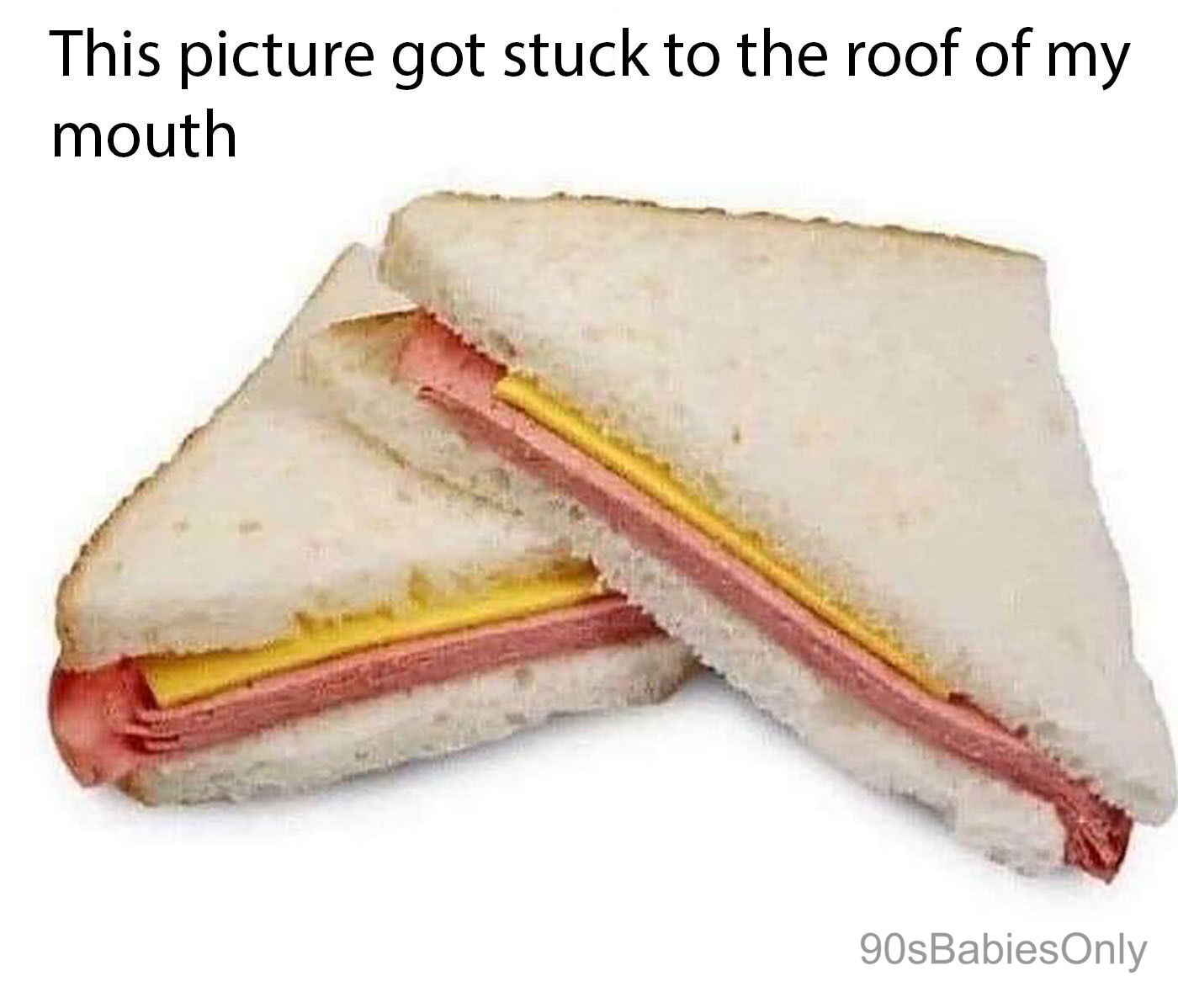 A very basic sandwich with meat and cheese slices on white bread.

Text above image: This picture got stuck to the roof of my mouth 