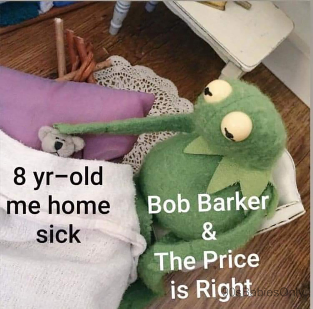 A Kermit stuffed animal petting a tiny stuffed bear. Kermit is sitting in a chair next to a bed that the bear is laying in. 

Text on Kermit: Bob Barker & The Price is Right

Text on the bear: 8-year-old me home sick
