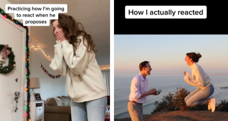 Woman practices her reaction to marriage propisal, but her real reaction is much funnier.