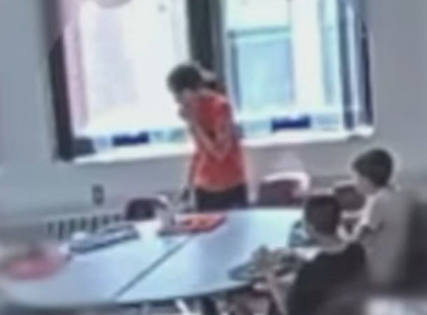 Surveillance footage of middle-schooler Charlie Loverme as he chokes on a piece of cheese.