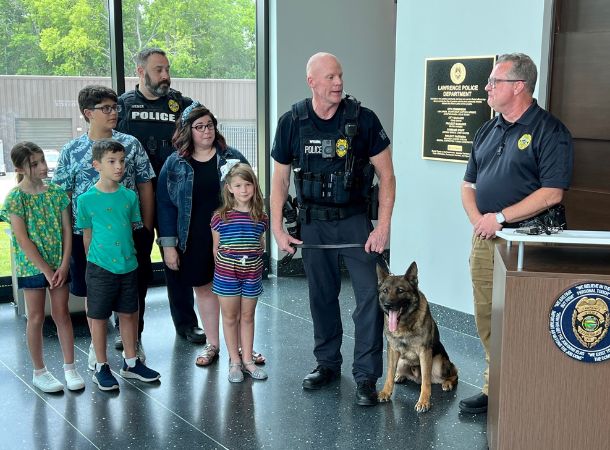 Good boy Cheeseburger retires from the Lawrence Police Department as a patrol dog.