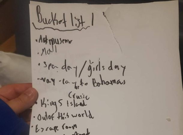 Aralyn wrote a bucket list of everything she wants to experience.