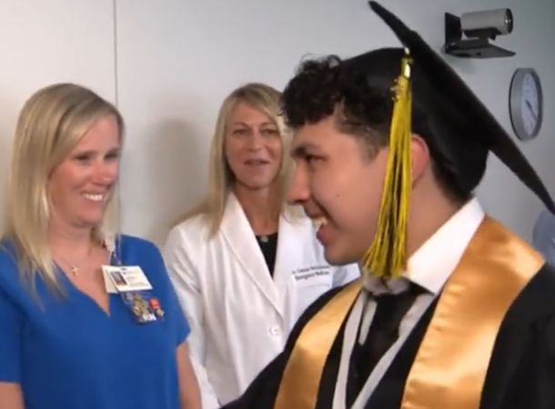 Nurses throw Rene a special graduation ceremony at the hospital.
