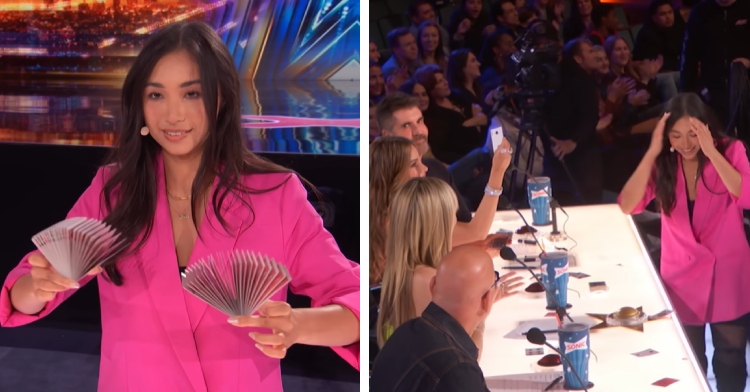 A two-photo collage. The first shows magician Anna holding two halves of a deck of cards in each hand in a tricky way. In the second photo, the “AGT” judges can be seen at their table with Simon Cowell holding up a card. Anna smiles as she begins to cover her face in disbelief.