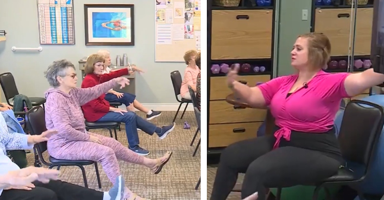 A two-photo collage. The first is a side-view of several seniors sitting in chairs as they dance with one arm and leg stretched out. The second photo is a close up of Whitney instructing students on how to dance while sitting.