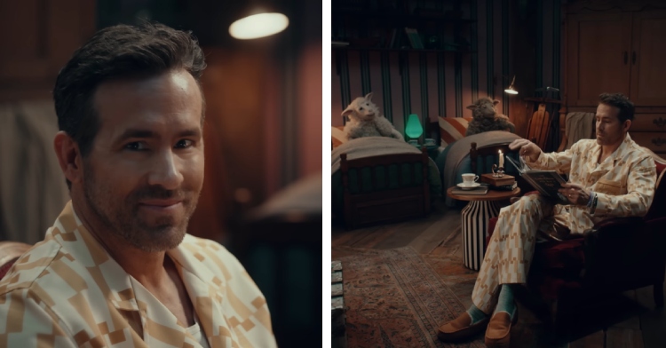 A two-photo collage. The first is a close up of Ryan Reynolds smiling at the camera, dressed in pajamas. The second is also of Reynolds. He’s in the same pajamas, now sitting in a chair. He’s reading a book to two sheep who are nearby in two different small beds.