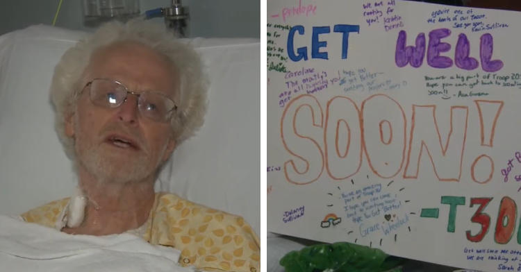A two-photo collage. The first shows Bruce Otto talking to WLKY crew from a hospital bed, still recovering from his heart attack at Camp Crooked Creek in Kentucky. The second shows a "get well soon" poster with lots of colorful messages and signatures on it. It was made for Bruce Otto after his heart attack.