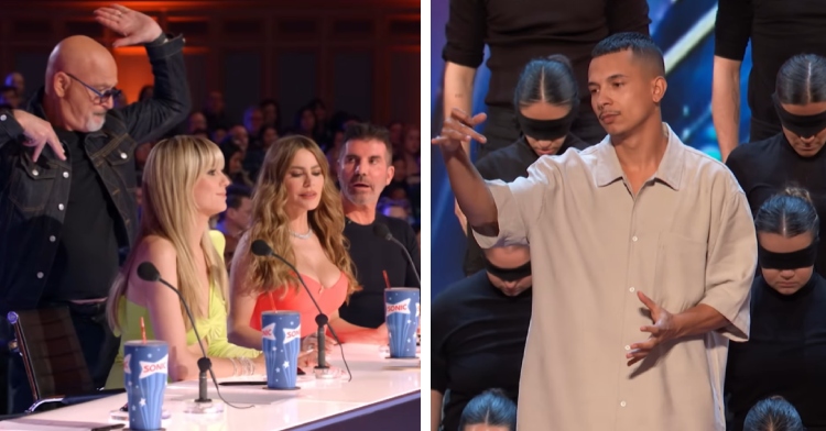A two-photo collage. The first shows Howie Mandel mid hitting the Golden Buzzer on "AGT." Simon Cowell looks on, mouth open in shock. The second photo shows a man leading a group of blindfolded dancers.