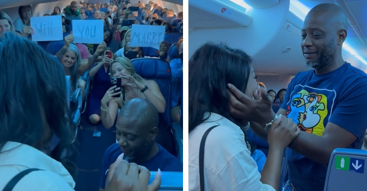 A two-photo collage. The first shows passengers of a Delta flight holding up handwritten signs that read “Will you marry me?” The second shows a man caressing a woman’s face. They both look emotional.