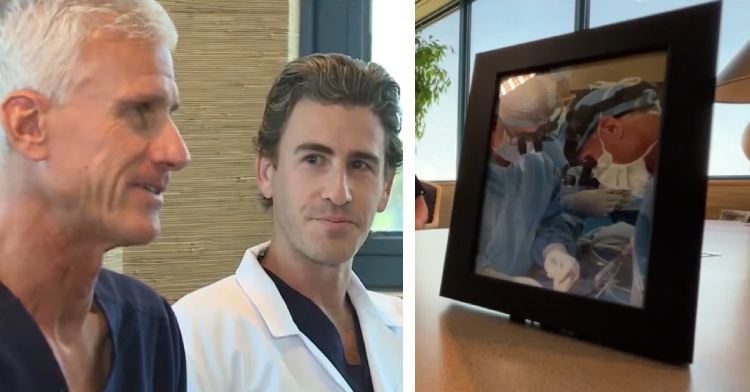A two-photo collage. The first photo is a side view of Jordan Grabel talking as Jordan, his son, looks at him with admiration in his eyes. The second photo is a framed photo of the two of them performing surgery together.