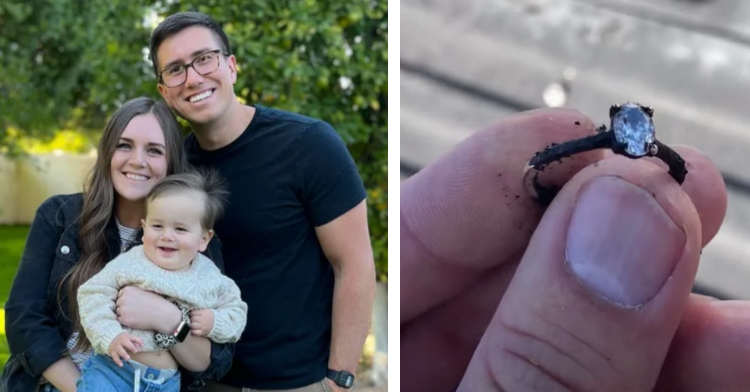 A two-photo collage. The one on the left is of Lindsey and Matthew Fuller smile as they hold their smiling baby boy. They're posing outside with trees behind them. The one on the right is a close up of someone holding Lindsey's engagement ring after it was found among their burned items. Much of the band of the ring is burned black, but the diamond looks nearly untouched.