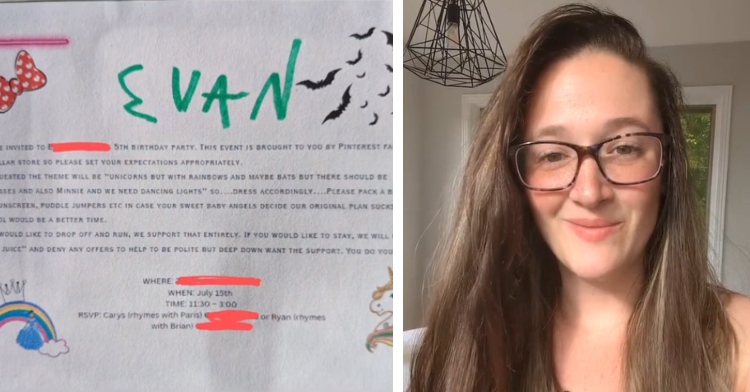 A two-photo collage. The first is of a screenshot of a birthday invite and the second is of a woman smiling.