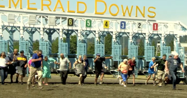 Grandparents start to run for Grandparents Race at Emerald Downs in Washington State.