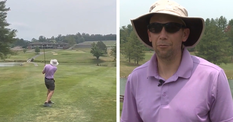 A two-photo collage. The first is a behind-view shot of Jason Bunn mid-swing on a golf course. A golf cart is off to the side. The second is of Jason Bunn, wearing a hat and sunglasses, chats with the WSET camera person while on a golf trail.