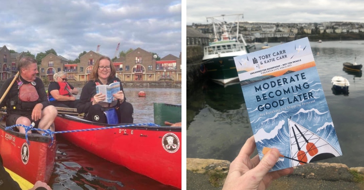 A two-photo collage. In the first photo Katie Carr sits in a kayak with "Moderate Becoming Good Later" in her hands, open. She's smiling. Three others in their own kayaks are next to her smiling as well. In the second photo Katie Carr's hand can be seen holding out a bookproof copy of "Moderate Becoming Good Later." The background is of the water with various boats.