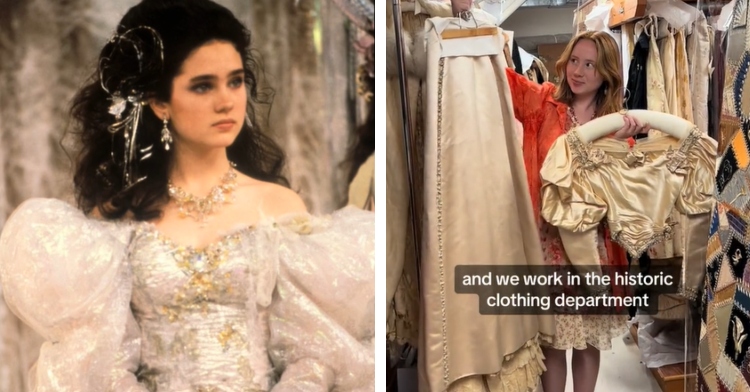 A two-photo collage. The first shows Sarah Williams in her wedding dress in "Labyrinth" The second shows a woman, Juliet, holding a two-piece wedding dress.