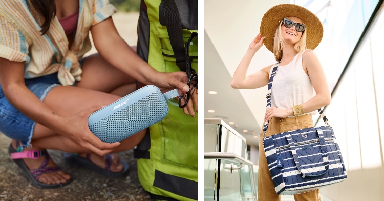 A two-photo collage. The first is a close up of the Bose SoundLink Flex Bluetooth Wireless Speaker from QVC. A woman is taking it off of a hook from her backpack. The second is of a woman smiling as she sports a Lug Convertible Carryall Tote - Paddle from QVC.
