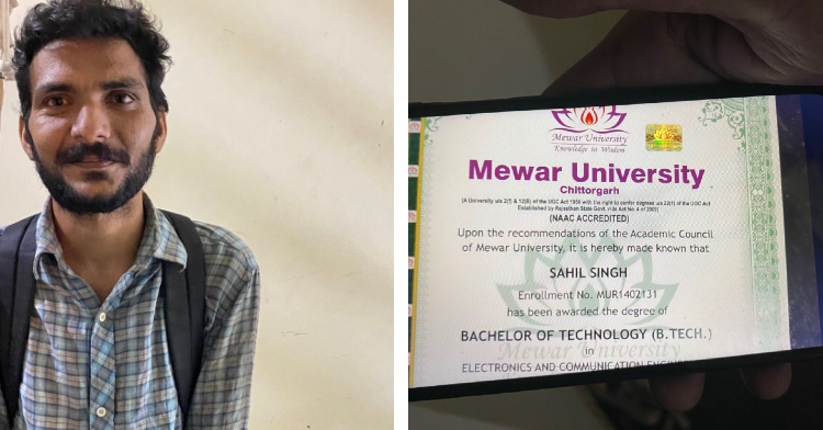 A two-photo collage. The first is of Sahil smiling near a staircase. The second is a close up of Sahil's phone. On it is an image of his Bachelor of Technology degree from Mewar University.