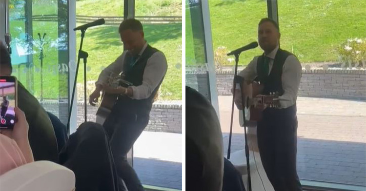 scott arfield playing the guitar and singing as a best man at a wedding