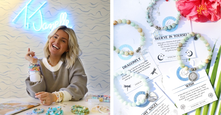 A two-photo collage. The first is of Tiffany Narbonne smiles as she wears her T. Jazelle bracelets. She leans on a counter with more bracelets that are carefully placed. Behind her is a light blue neon sign that reads "T. Jazelle" The second photo is four of T. Jazelle's bracelets on a white table with some branches. The names include: Dragonfly, Believe in Yourself, My Angel, and Wish.