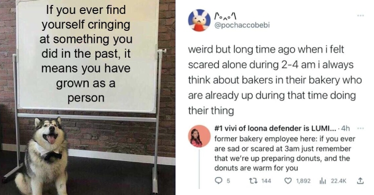 A two-photo collage. The first photo is of a large, fluffy white and black dog sticking out their tongue. They are wearing a black frame of glasses and a bowtie. They sit on the floor in front of a moveable whiteboard. The second photo is a Twitter conversation that starts with: Weird but long time ago when I felt scared alone during 2-4 am I always think about bakers in their bakery who are already up during that time doing their thing.