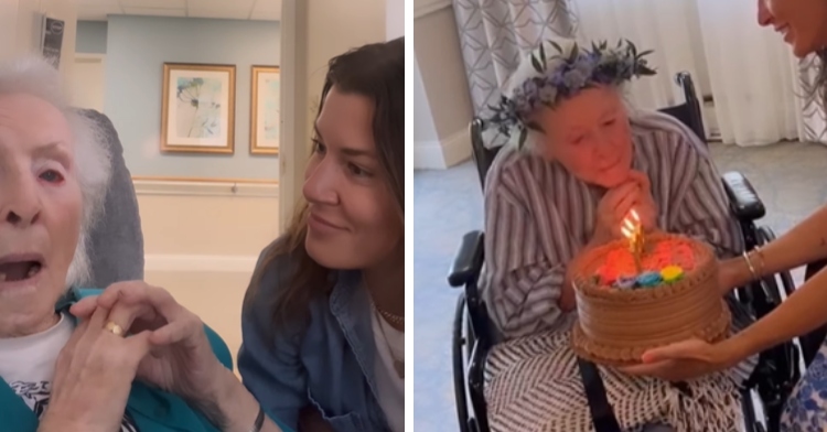 A two-photo collage. The first shows a woman smiling at her almost 100-year-old grandma who has her mouth open, shocked to discover her age. The second photo show those two again but now grandma is about to blow out the candles on her cake and the woman is smiling as she holds the cake out for her.