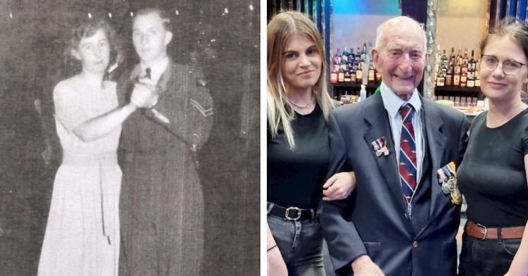 A two-photo collage. The first is a black and white photo of a woman and a man in a military uniform dancing together. The second shows that same man, now 95-years-old, smiling as he poses with two young women. He’s at the venue where him and his wife first met.