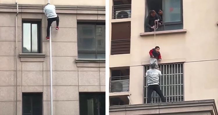 man scales wall to save toddler who fell out window.