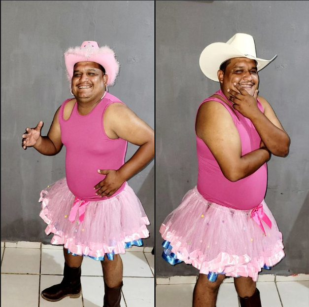 Man wears pink shirt, hat, and tutu to premiere of Barbie film.