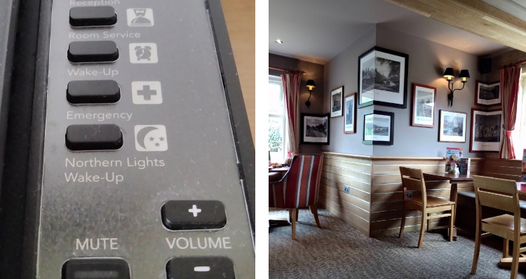 remote control with "northern lights wake up" button, pub with pictures that curve around wall bends.