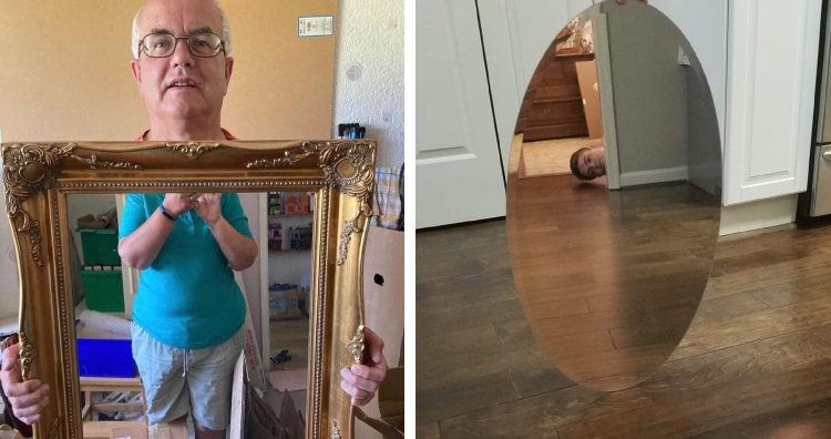 man holding mirror up with woman's body reflected, boy popping head into mom's mirror picture.