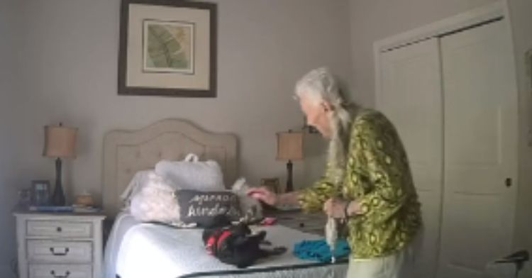 A grandma talks to her daughter's dog.