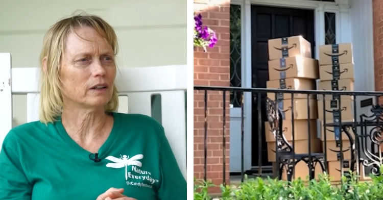 A two-photo collage. The first shows Cindy Smith talking as she sits on her front porch swing next to a stack of Amazon boxes. The second shows two large stacks of Amazon packages sitting outside a front door.
