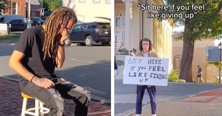 A two-photo collage. The first shows a man sitting on a stool next to a street. He is rubbing away tears from his eyes and is keeping his face down. The second photo shows a singer named Fulton Lee holding a sign that reads “Sit here if you feel like giving up.”