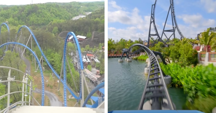A two-photo collage. The first shows a POV from the roller coaster called Wild Eagle at Dollywood. The second photo shows a POV from Jurassic World VelociCoaster.