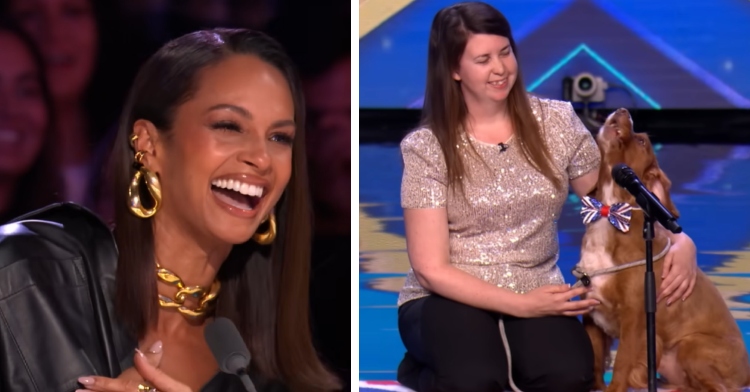 A two-photo collage. The first photo shows Alesha Dixon smiling with her mouth open. It seems she has tears from laughing. The second photo shows a woman named Michelle sitting next to her dog, Mouse, who is singing into a mic on the “Britain’s Got Talent” stage.