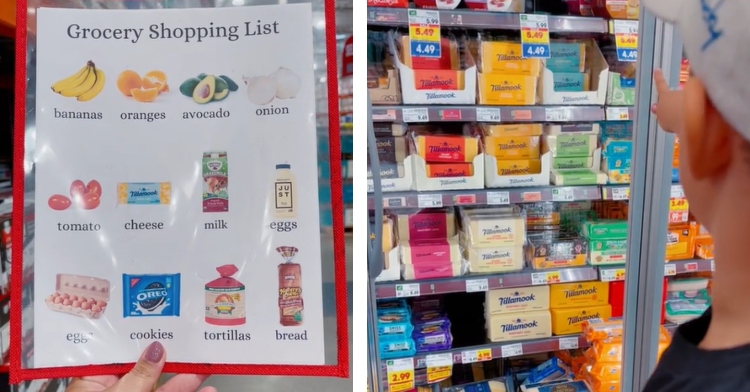A two-photo collage. The first photo shows a hand holding up a grocery list with images and names of food. The list is in a plastic sleeve. The second photo shows a kid pointing at cheese in the grocery store.
