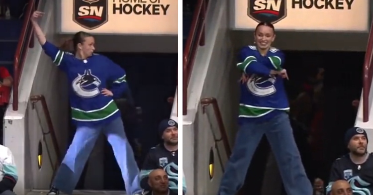 A two-photo collage. Both show a woman dancing at a hockey game.