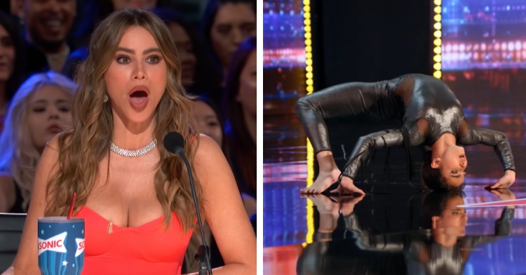 A two-photo collage. The first photo shows Sofía Vergara looking shocked, mouth wide open. The second shows a 14-year-old girl dancing in a contortionist-like manner.