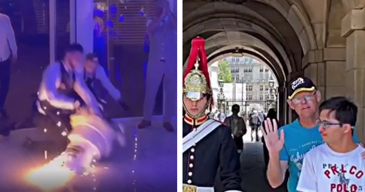 men dropping wedding cake and two men posing with King's Guard