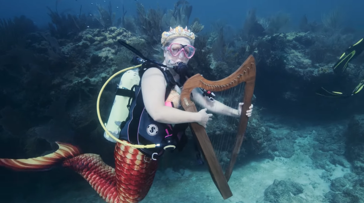 A diver dressed as a mermaid "plays" a harp underwater at the 39th annual Lower Keys Underwater Music Festival at Looe Key Reef.