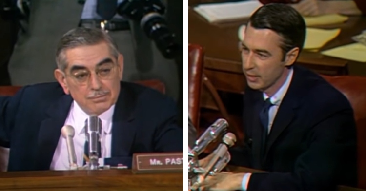 A two-photo collage. The first shows Senator John Pastore looking uninterested. The second shows Fred Rogers speaking to him and the rest of the U.S. Senate Commerce Committee.