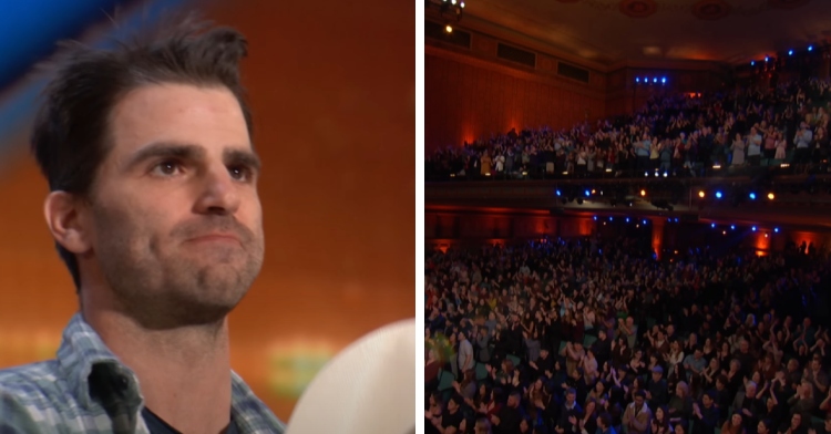 A two-photo collage. The first one is a close up of Mitch Rossell looking emotional as holds his hat to his chest and looks at the “AGT” crowd giving him a standing ovation. The second image shows the massive “AGT” crowd standing up, cheering him on.